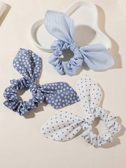 3个装女士蓝色碎花优雅发圈，带蝴蝶结，柔软耐用，适合各种场合。