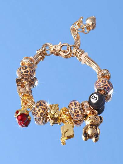 1pc Back-To-School Leopard Print Teddy Bear Charm Bracelet, Streetwear Star Bracelet, Graduation Cap Bracelet, Renaissance Style Teddy Bear Bracelet, Dark Skeleton Charm Bracelet