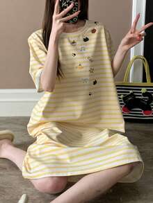 Áo ngủ tay ngắn dáng lưỡi liềm bất đối xứng kẻ sọc vàng, thích hợp cho mùa xuân/hè. - Màu vàng - Xem 5