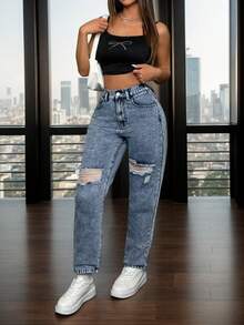 Pantalones vaqueros casuales con agujeros, Vaqueros cónicos versátiles para mujer, Jeans versátiles de mujer lavados azules - Azul - Ver 5