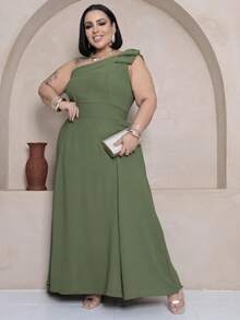 Plus Size One-Shoulder Long Party Dress – Elegant Style And Perfect Fit – Christmas Outfit - Dark Green - View 2