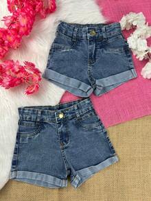 Girls' Denim Shorts With Internal Adjustment, Adjustable Waist, Folded Hem, Comfortable, Children's Fashion. - 中等水洗藍 - 查看 9