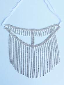 欧美女士闪亮水晶水钻长流苏面具饰品，化装舞会配饰 - 銀色 - 查看 2