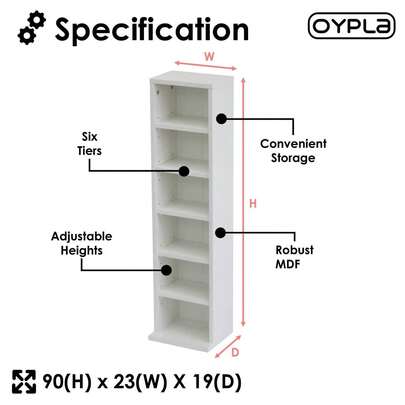 Storage Tower Rack For CDs DVDs Games Books - White Wooden 6 Tier, Holds 102 Discs, New Design