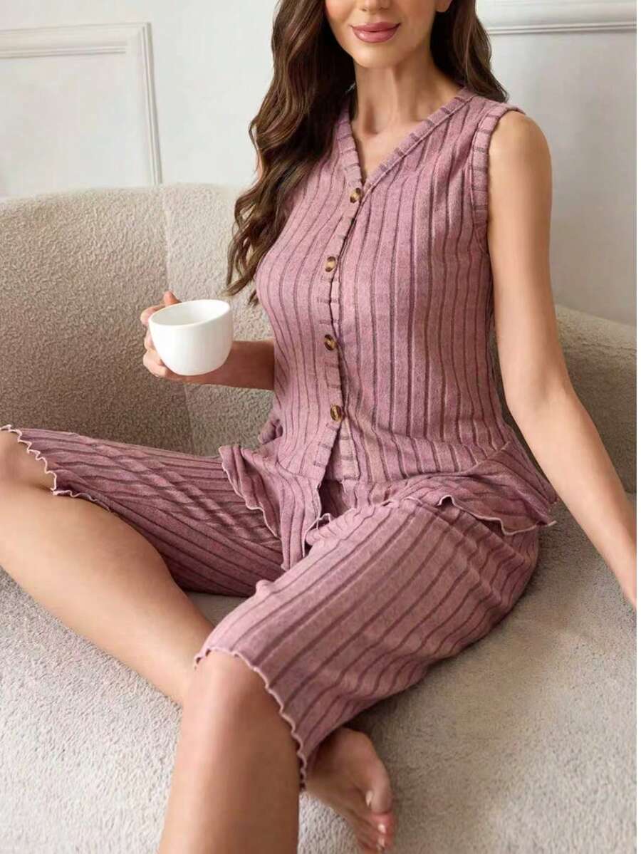 Women's Fashion Cardigan With Button, Ruffle Hem Sleeveless Shorts, Minimalist Stylish Pajama Loungewear Set - Pink - View 1