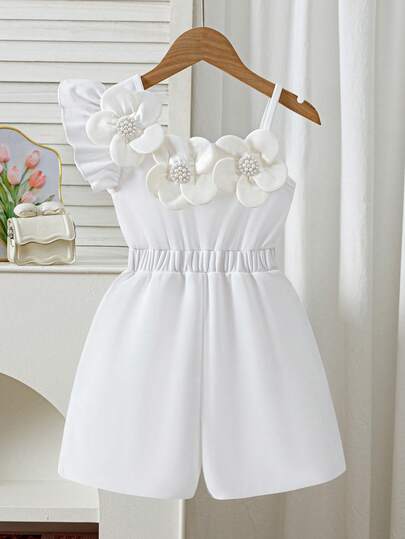 Young Girl's Fashionable Solid Color Beaded 3D Floral Sleeveless Jumpsuit, White. Featuring 3 Large 3D White Flowers On The Chest, With A Sweet And Fresh Style. The Detailed Floral Decor Enhances The Sophistication And Adds A Playful, Cute Design To This Jumpsuit. Suitable For Daily Play, Weekend Outings, Parties, And More. Knit Spaghetti Strap Sleeveless Romper For Casual, Home, Outdoor, Street, Sports, And Vacation Wear In Summer.
