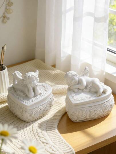 Caixa de Jóias Vintage com Querubim Anjo Coração, Organizador de Objetos de Resina, Caixa Decorativa para Guardar Brincos, Anéis, Colares, Decoração Estética para Penteadeira, Cômoda, Quarto, Banheiro, Presente para Mulheres, Meninas, Casamento e Aniversário, Acento Boêmio para Casa