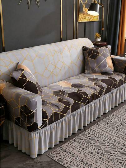 1pc Printed Ruffled Elastic Sofa Cover, Dust-Proof And Dirt-Resistant, Stretch-To-Fit Full Coverage Sofa Protector, Home Decor, Machine Washable