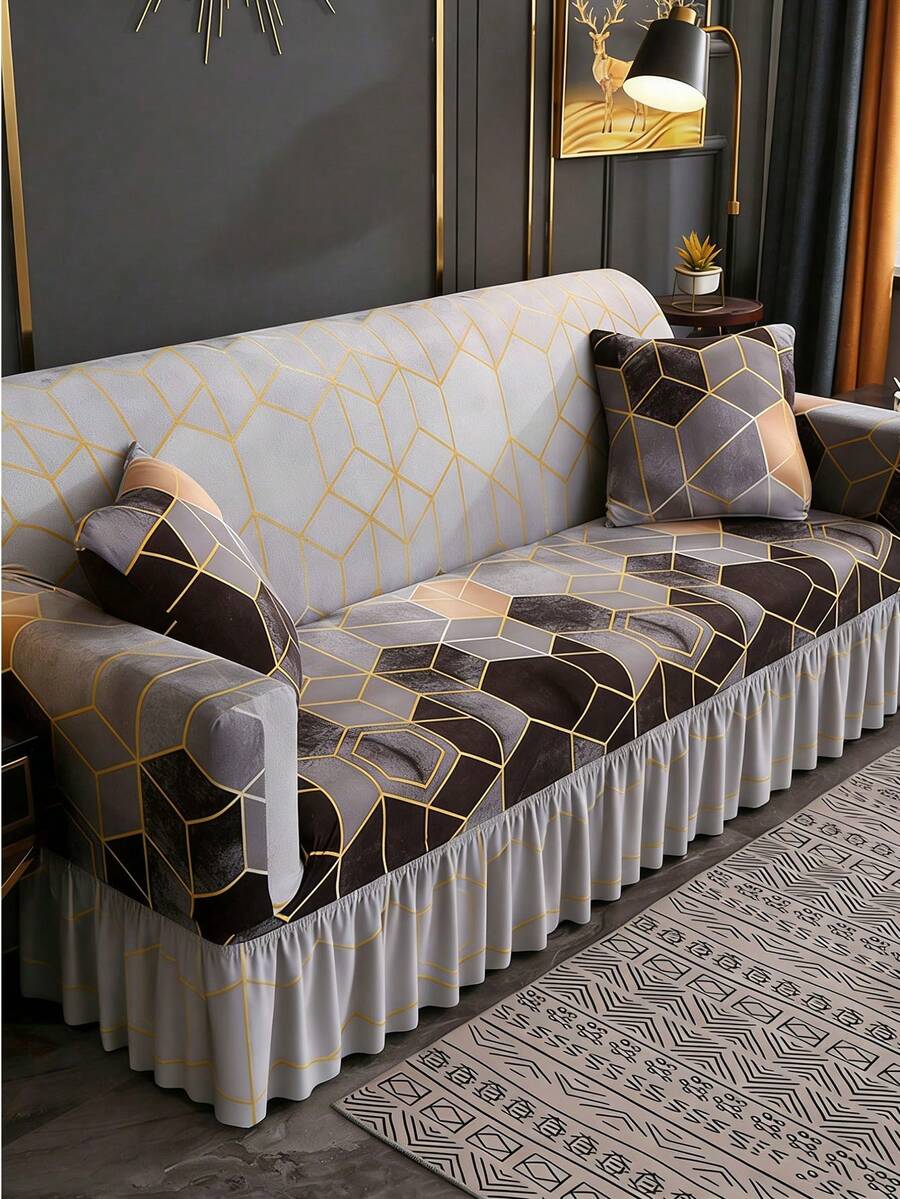 1 tấm bọc ghế sofa co giãn in họa tiết nhún bèo, chống bụi và chống bẩn, bảo vệ ghế sofa toàn diện, co giãn vừa vặn, trang trí nhà cửa, có thể giặt bằng máy - Xám - Xem 1
