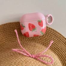 Funda minimalista para auriculares con diseño de fresa rosa y bucle colgante, cubierta protectora linda compatible con Apple Pro 2, Pro, 3, 1/2, adecuada para mujeres - Rosa - Ver 4