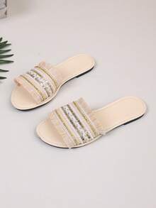 Beaded Fringe Slide Sandals For Teens - Embroidered Boho Flat Slippers, Summer Shoes - Beige - View 9