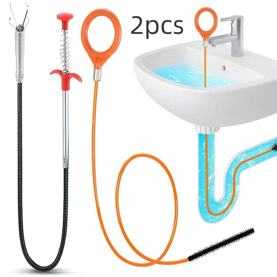 2件套多功能管道疏通工具套装，灵活可折叠四爪管道疏通器，适用于厨房水槽垃圾处理器、浴室马桶搋子、浴室管道疏通剂、水槽管道疏通器 - A - 查看 1