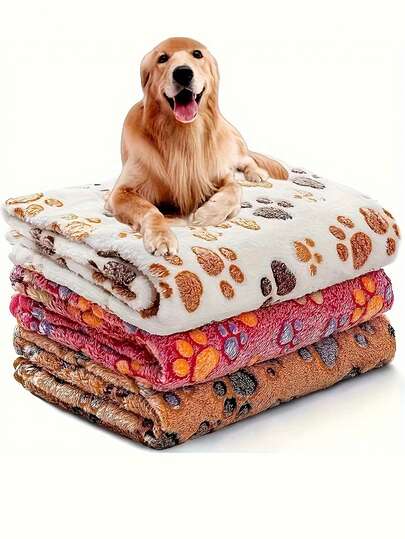 3 Pcs Coral Fleece Pet Blankets For Dogs & Cats -Soft Polyester Fiber, Machine Washable, Stain Resistant With Paw Print Design-Versatile For Small To Large Breeds