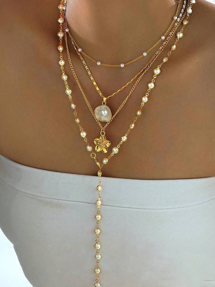 4-Piece Pearl Flower Shell Tassel Pendant Necklace Set With Fashionable And Versatile Accessories - Seashell Flower Set - View 1