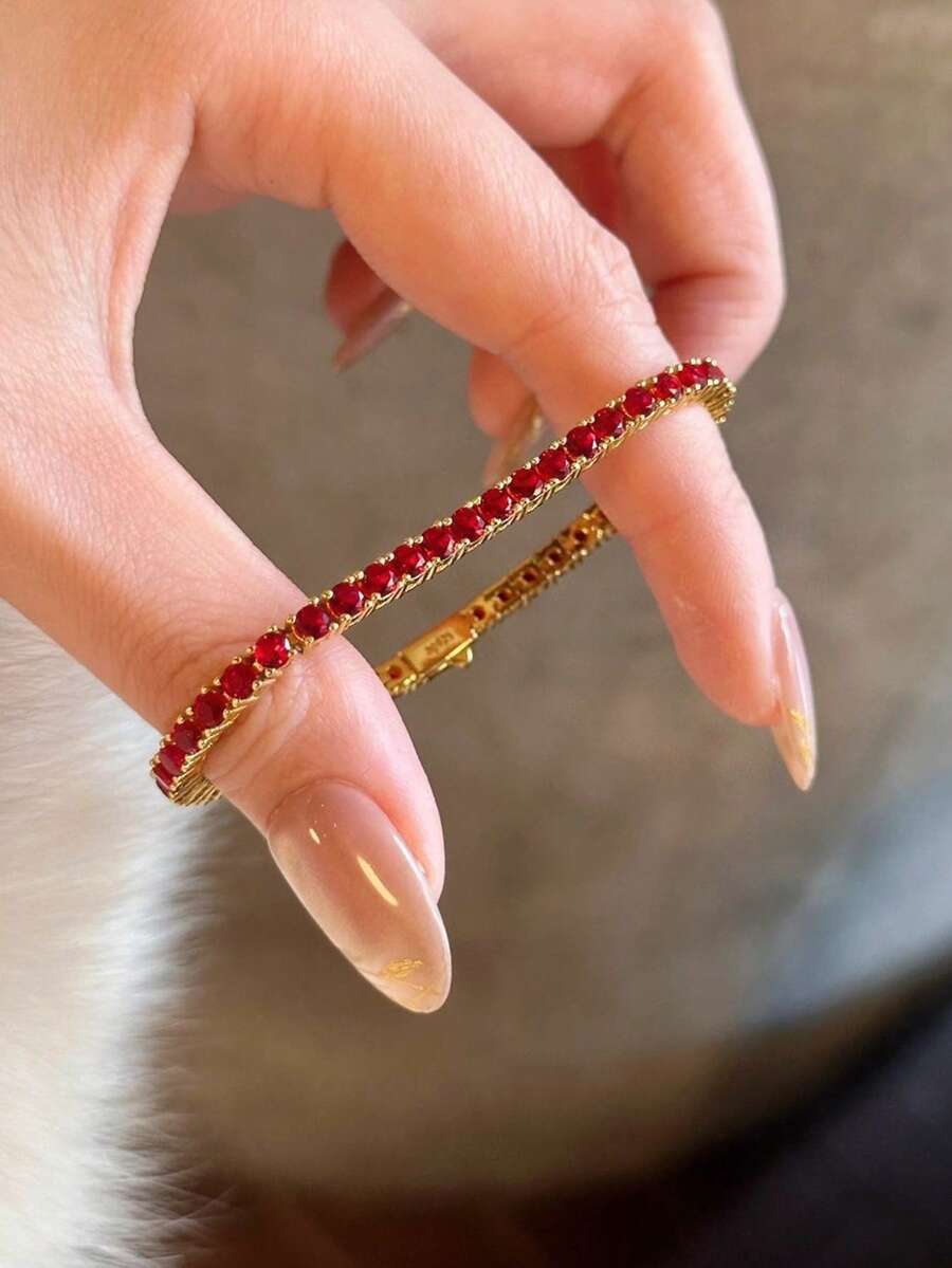 1件奢华金色红色水晶网球手链，闪亮水钻手镯，适合派对、婚礼和日常佩戴 - 彩色 - 查看 1