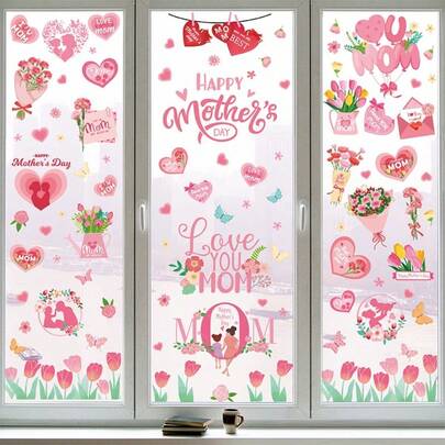 9 PIEZAS/9 HOJAS Pegatinas para ventanas Día de la Madre, Corazones rosas y flores de tulipán, Calcomanías reutilizables de doble cara, Decoraciones Feliz Día de la Madre para el hogar, cocina, puertas de vidrio, suministros para fiestas, Regalos Te Amo Mamá
