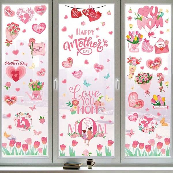 9PCS/9 Sheets Mother's Day Window Clings, Pink Heart & Tulip Floral Window Stickers, Double-Sided Reusable Decals, Happy Mother's Day Decorations For Home, Kitchen, Glass Door, Party Supplies, Love You Mom Gifts