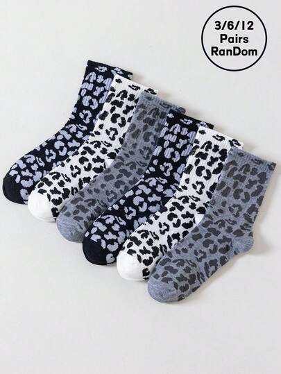 3/6/12 Pairs Women Socks, Random Black White Gray Leopard Print Vintage Breathable Versatile Creative Mid-Calf Socks