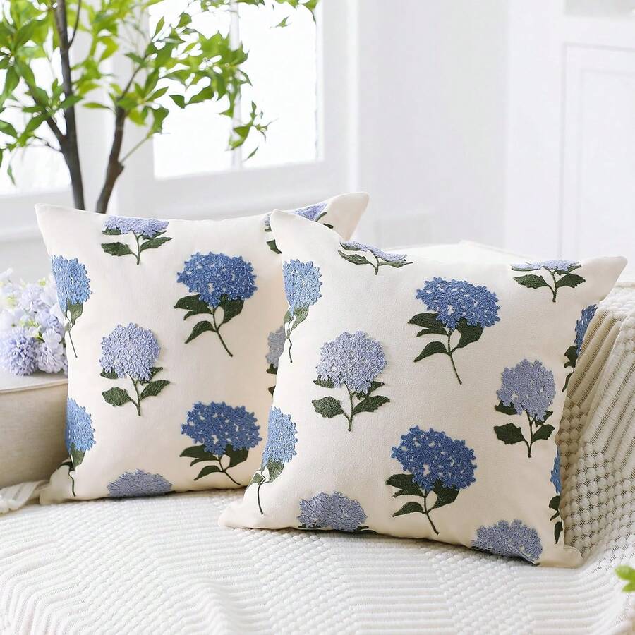 1个/2个蓝色绣球花抱枕套，装饰性，刺绣，波西米亚风，提花，蓝色，白色，花卉图案，床饰，沙发饰，乔迁礼物，18 x 18 - 彩色 - 查看 1