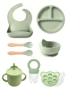 8pcs Baby Silicone Tableware Set, Feeding Utensils, Bib, Plate, Bowl, Straw Cup, Fork & Spoon, Teether, Ice Tray - Multicolor - View 14