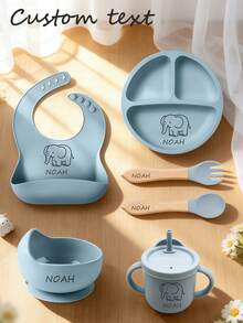 Customized Children's Tableware, Infant Complementary Food Weaning Tools, Silicone Bibs, Plates, Bowls, Straw Cups, Forks And Spoons - Multicolor - View 1
