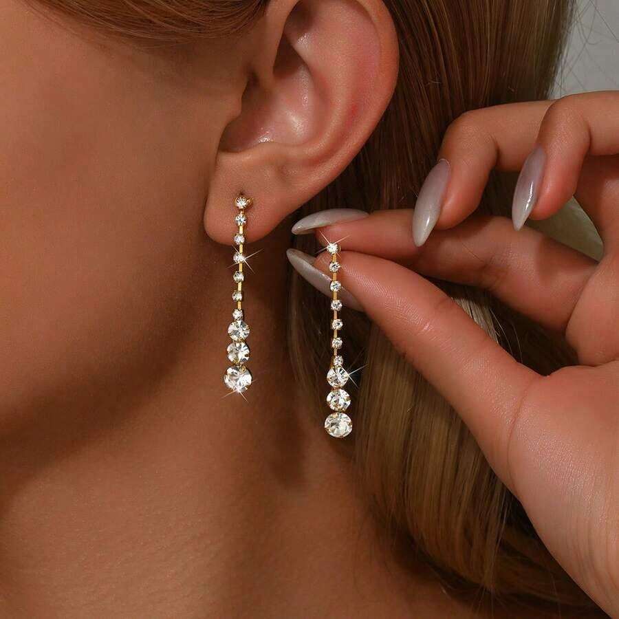 1 Pair Fashionable Long Water Drop Rhinestone Earrings, Suitable For Daily Wear By Women - 銀級 2 - 查看 1