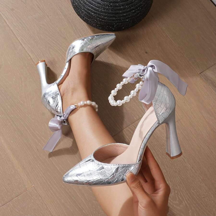 2026新款时尚性感超高跟电镀珍珠镂空女式高跟鞋，欧美海外大码高跟鞋 - 銀色 - 查看 1