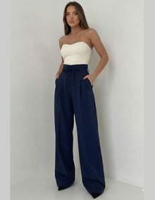 Women's High-Waisted Wide-Leg Trousers, Elegant And Comfortable, Tailored, With Belt And Tie Closure, Suitable For Office Wear In All Seasons. - 藏蓝色 - 查看 2
