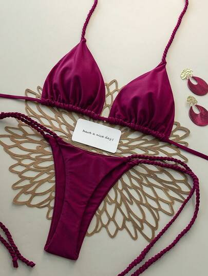Bộ bikini nữ gợi cảm cổ chữ V buộc dây, quần bơi buộc dây bên hông, chất liệu co giãn cao, đồ bơi nghỉ dưỡng bãi biển thanh lịch.