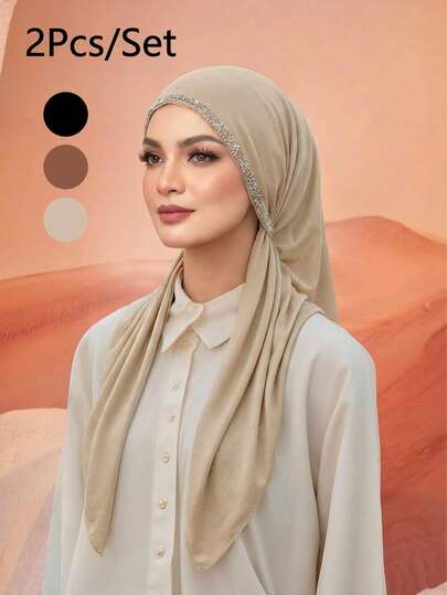 2pcs Women's Solid Color Triangle Rhinestone Headscarf, Non-Slip Islamic Solid Color Casual Lining Cap, Minimalist Versatile, Soft And Comfortable, Suitable For Daily Wear, All Seasons