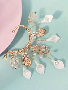 1件 Fairycore 金叶白花耳夹，米白色珍珠装饰，无需耳洞，夹式耳环，适合女性婚礼、新娘舞会等场合，左耳 - 金色 - 查看 7