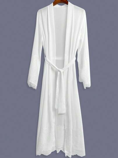 Women's Solid Color Chiffon Sexy Robe, Beach Kimono Cover Up, Mid-Length Lace Trim Decorative, Vacation Beach Cover Up, Belted Robe Loungewear White Summer