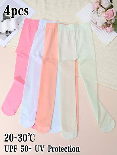 4 Pairs Girls' Solid Color Tights, UPF 50+ Physical Sunblock Pantyhose, Dance Socks, Candy Colors, High Density Knit, Stretchy, Thin & Skin-Tight, Summer