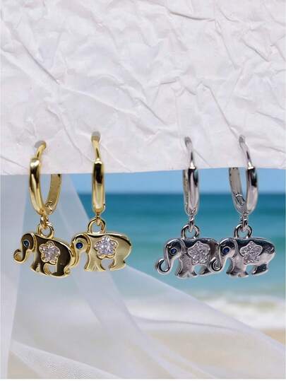 1对复古风大象耳环，女士幸运耳环，趣味饰品，可爱动物饰品（无包装盒）