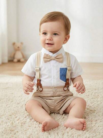 BOARNSEORL 2pcs Baby Boys Gentleman Outfit - Short Sleeve Shirt With Bow Tie And Overalls Shorts, Stylish For Formal Events, Parties, Daily Wear