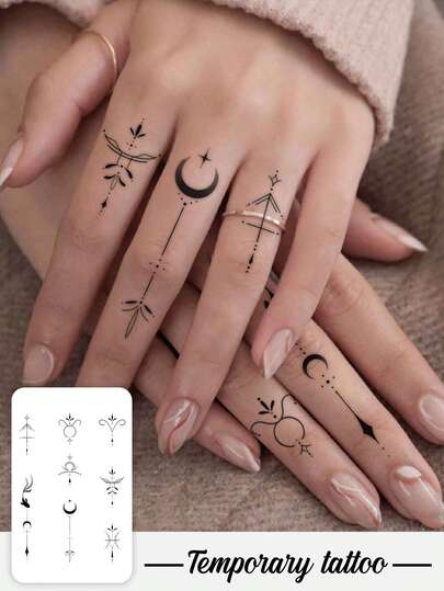 一款简约设计的临时纹身贴纸，图案包含新月、几何图形和鱼形纹样。防水、防汗、可水洗且不反光。适用于手臂和肩膀纹身，非常适合个人使用。可持续3-5天。