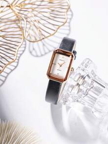1 chiếc đồng hồ vuông tối giản hiệu Rebirth dành cho nữ, đồng hồ đeo tay thạch anh phong cách retro thường ngày. - màu đen - Xem 4