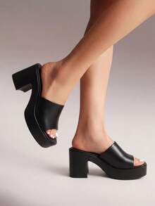 Women Fashion Chunky Platform Mule Sandals Elegant Summer Slip On Square Open Toe Heeled Sandals For Outgoing School Party Prom - 黑色 - 查看 2