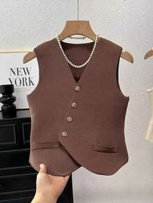 1件女士黑色、白色、杏色、咖啡色、紫色针织修身无袖背心，新款上市，优雅单排扣法式复古假领 - 彩色 - 查看 10