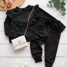 Conjunto 2 Peças Blusa com Babado e Calça  no Tecido Lanzinha Conjunto Infantil Menina e Adolescente Jovens (CJI031) - Preto - Visão 2