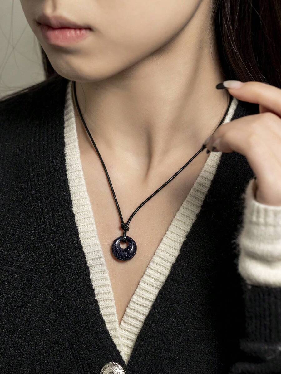 1pc Fashionable Minimalist Stone Pendant Necklace, Suitable For Daily Wear - Black - View 1