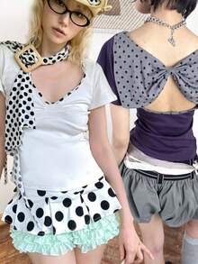 Y2K Fairy-Grunge Crop Top - A Summer Streetwear Essential. Featuring A Punk-Inspired Open-Back Design With A Bow Accent, This Cute Baby Tee Silhouette Boasts A Polka-Dot Pattern And Short Sleeves. Its Slim, Figure-Flattering Fit Makes It The Perfect Choice For Girls With An Emo Aesthetic. - 紫色 - 查看 5