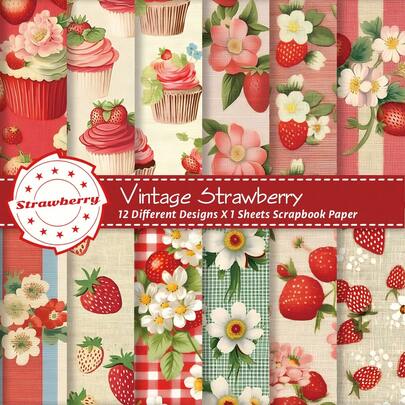 12pcs Sweet Strawberry Scrapbook Paper, Vintage Strawberry Background Decorative Paper, Art Pattern Craft Paper For Junk Journals, Scrapbooking, Greeting Cards And Photo Albums Decor