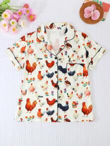 2 件套女士夏季休闲短袖睡衣，翻领纽扣短袖上衣和宽松弹力短裤，卡通动物小鸡图案，舒适宽松，适合所有季节，家居服 - 彩色 - 查看 4