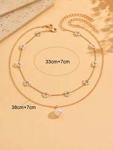 2pcs Delicate Minimalist Golden Flower Necklace, Fashionable Elegant Faux Pearl Pendant Necklace Suitable For Daily Wear And Party - Multicolor - View 5