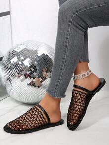 Women's Casual Shoes Fishnet Mesh Slides Sandals Square Closed Toe Hollow Out Flats For Office Casual Party City Walks - màu đen - Xem 9