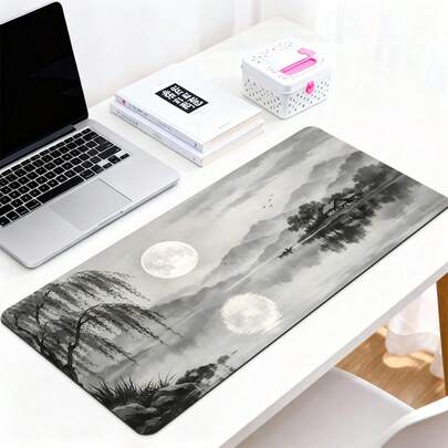 1pc Chinese Ink Wash Landscape Extended Mouse Pad - Snow Mountain, Waterfall Cave & Moonlit Lake Design, Soft Smooth Surface, Non-Slip Rubber Base, Rollable Portable Desk Mat For Gaming, Office & Home Desktop Decoration