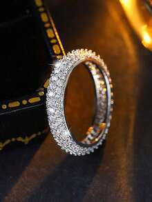 极简主义三排立方氧化锆圆形情侣戒指，几何珠宝情人节礼物 - 白色 - 查看 3