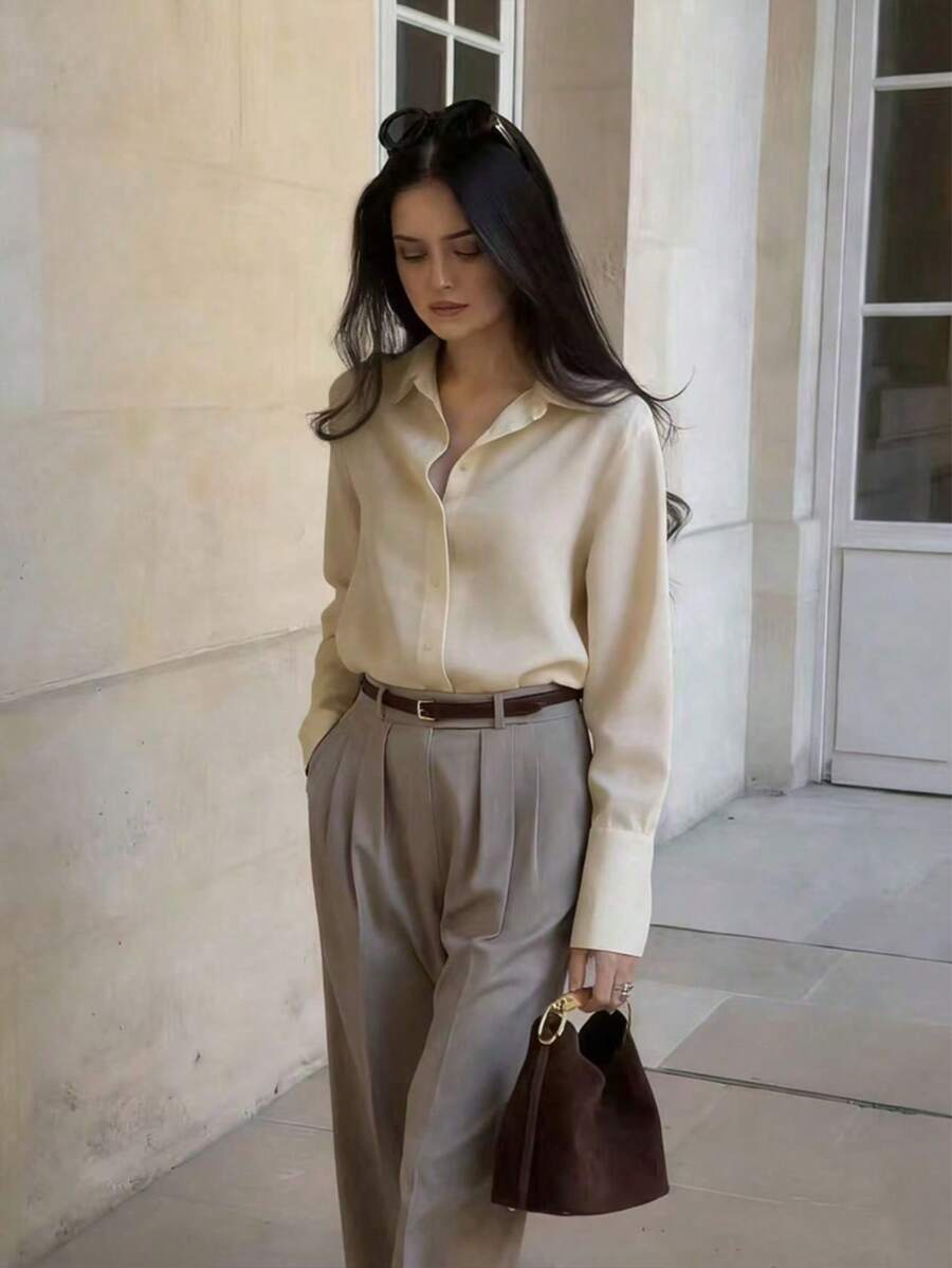 Women's Casual Loose Elegant Commuter Minimalist Soft Fashion Polo Collar Long Sleeve Shirt, Suitable For Multi-Occasion Wear Such As Commuting, Work, Home In All Seasons Spring - Apricot - View 1