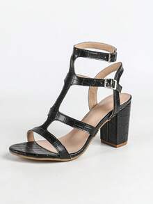 2026春夏新款夜店派对鳄鱼纹罗马高帮凉鞋，搭扣粗跟露趾女鞋 - 黑色 - 查看 8